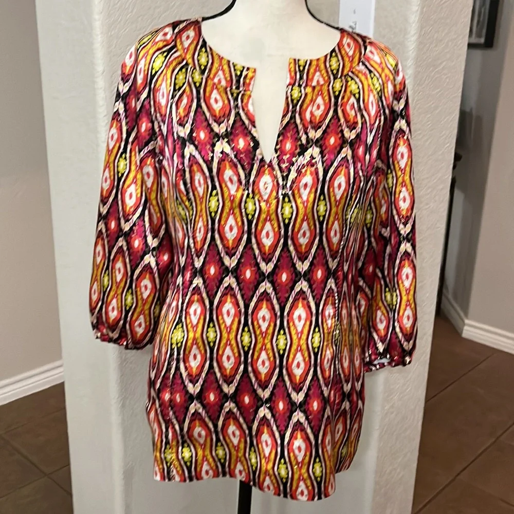 Tory Burch Lisa silk Ikat voille gold, orange & pink geometric print blouse Sz 8